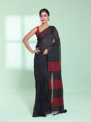 Black  cotton saree with sequine work 1