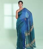 Teal blue patli pallu cotton saree with texture design