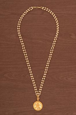 Off-white pearl necklace with Laxmi pendant MEDIUM length one gram gold 2
