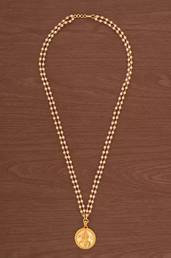 Off-white pearl necklace with Laxmi pendant MEDIUM length one gram gold