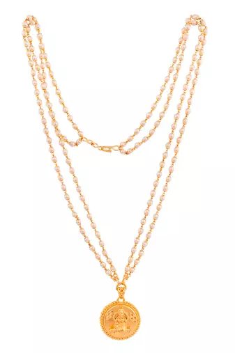 Off-white pearl necklace with Laxmi pendant MEDIUM length one gram gold