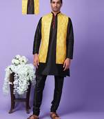 Hangup men partywear embroidered  yellow kurta pyjama with nehru jacket set