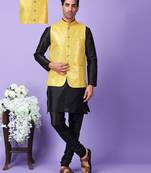 Hangup men partywear embroidered  yellow kurta pyjama with nehru jacket set