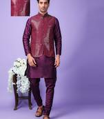 Hangup men partywear embroidered  purple kurta pyjama with nehru jacket set
