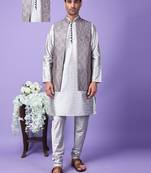 Hangup men partywear embroidered  grey kurta pyjama with nehru jacket set