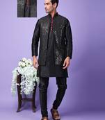 Hangup men partywear embroidered  black kurta pyjama with nehru jacket set