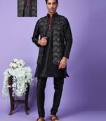 Hangup men partywear embroidered  black kurta pyjama with nehru jacket set