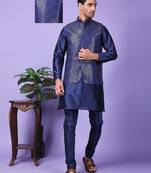 Hangup men partywear embroidered  navy blue kurta pyjama with nehru jacket set