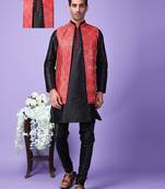 Hangup men partywear embroidered  pink kurta pyjama with nehru jacket set