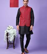 Hangup men partywear embroidered  red kurta pyjama with nehru jacket set