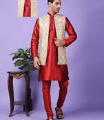 Hangup men partywear embroidered  cream kurta pyjama with nehru jacket set