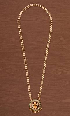 Off-white pearl double line necklace LONG with big Laxmi pendant one gram gold 2