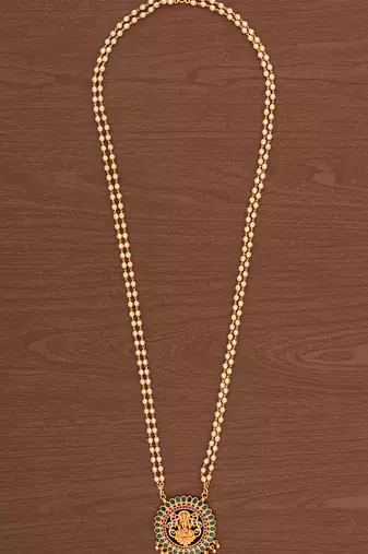 Off-white pearl double line necklace LONG with big Laxmi pendant one gram gold