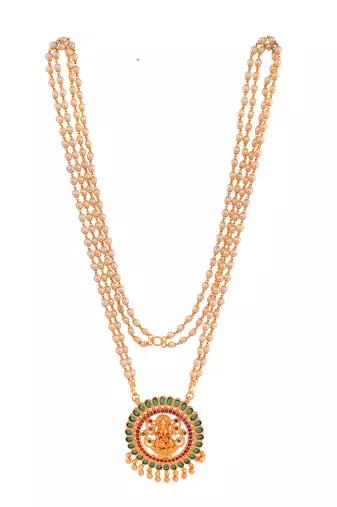Off-white pearl double line necklace LONG with big Laxmi pendant one gram gold