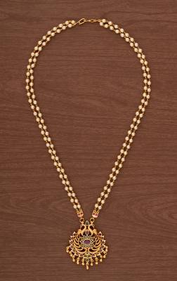 Off-white pearl 2 line SHORT necklace with peacock pendant one gram gold 2