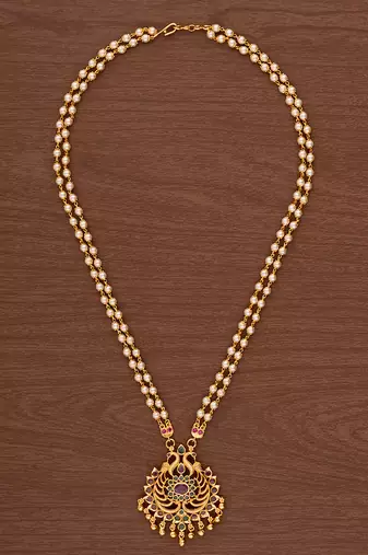 Off-white pearl 2 line SHORT necklace with peacock pendant one gram gold