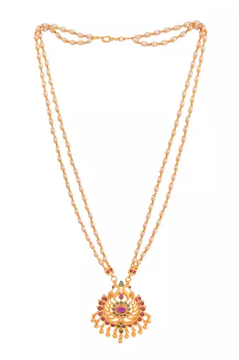 Off-white pearl 2 line SHORT necklace with peacock pendant one gram gold