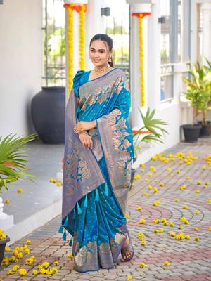 Banarasi Woven Blue Saree With Heavy Jacquard Work Saree With Blouse Piece 1