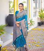 Banarasi Woven Blue Saree With Heavy Jacquard Work Saree With Blouse Piece