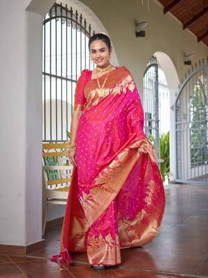 Banarasi Woven Pink Saree With Heavy Jacquard Work Saree With Blouse Piece 1