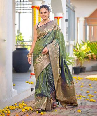 Banarasi Woven Mehendi Green Saree With Heavy Jacquard Work Saree With Blouse Piece 1