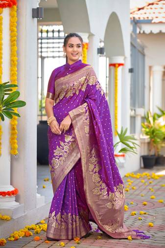 Banarasi Woven Purple Saree With Heavy Jacquard Work Saree With Blouse Piece