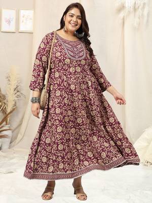 Maroon beige batik print mirror embroidery anarkali rayon kurti stiched kurta 1