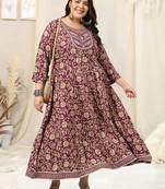 Maroon beige batik print mirror embroidery anarkali rayon kurti stiched kurta