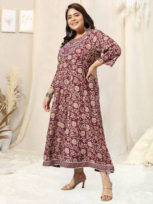 Maroon beige batik print mirror embroidery anarkali rayon kurti stiched kurta 2