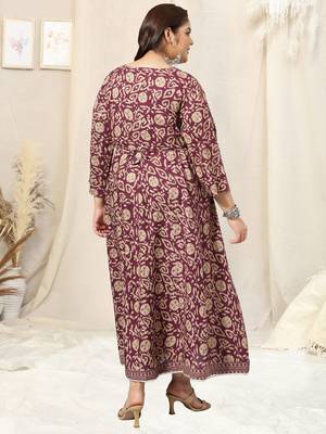 Maroon beige batik print mirror embroidery anarkali rayon kurti stiched kurta 3