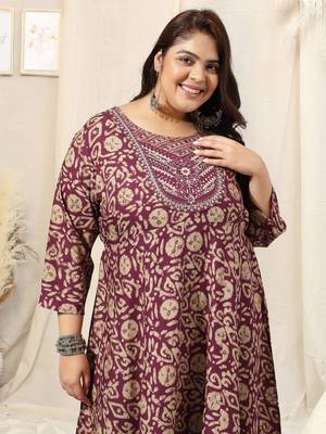 Maroon beige batik print mirror embroidery anarkali rayon kurti stiched kurta 5