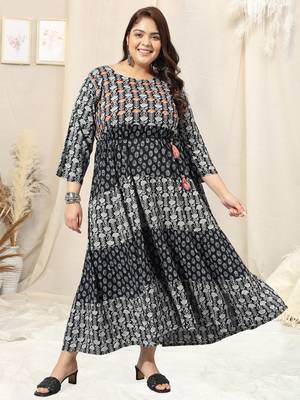 Black grey floral print block print hand embroidery flared rayon kurti stiched 1