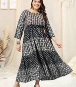 Black grey floral print block print hand embroidery flared rayon kurti stiched