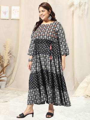 Black grey floral print block print hand embroidery flared rayon kurti stiched 2