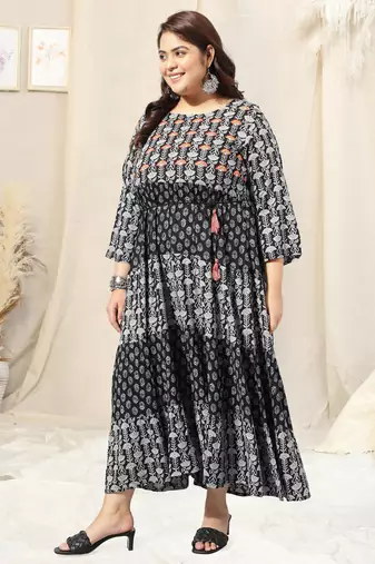 Black grey floral print block print hand embroidery flared rayon kurti stiched