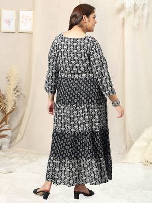 Black grey floral print block print hand embroidery flared rayon kurti stiched 3