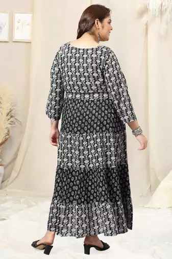 Black grey floral print block print hand embroidery flared rayon kurti stiched