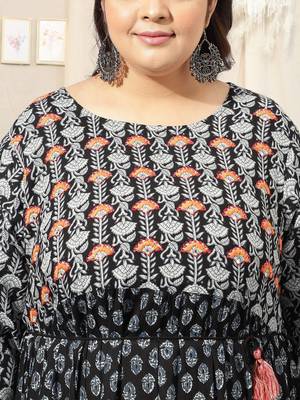Black grey floral print block print hand embroidery flared rayon kurti stiched 4