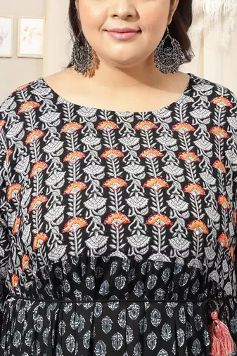 Black grey floral print block print hand embroidery flared rayon kurti stiched