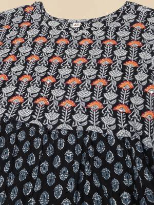 Black grey floral print block print hand embroidery flared rayon kurti stiched 5