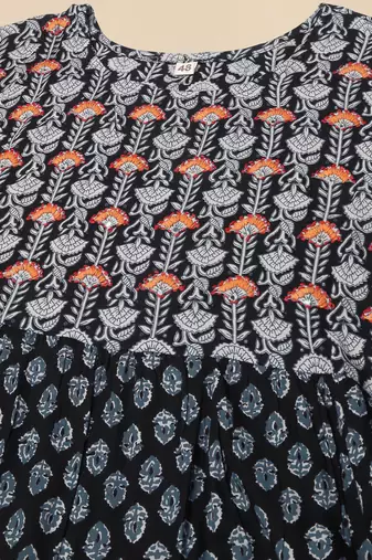 Black grey floral print block print hand embroidery flared rayon kurti stiched