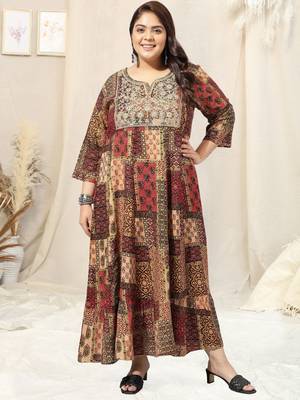 Beige multicolor block print sequins embroidery gotta patti anarkali rayon kurti stiched 1