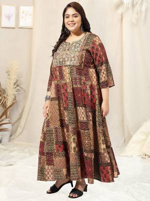 Beige multicolor block print sequins embroidery gotta patti anarkali rayon kurti stiched 2