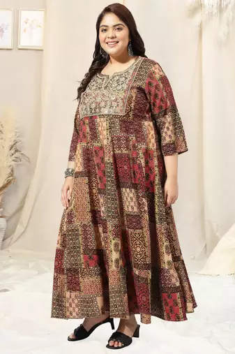 Beige multicolor block print sequins embroidery gotta patti anarkali rayon kurti stiched
