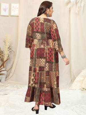 Beige multicolor block print sequins embroidery gotta patti anarkali rayon kurti stiched 3