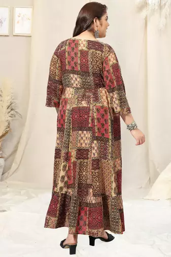 Beige multicolor block print sequins embroidery gotta patti anarkali rayon kurti stiched