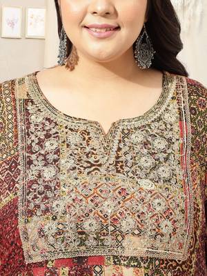 Beige multicolor block print sequins embroidery gotta patti anarkali rayon kurti stiched 4