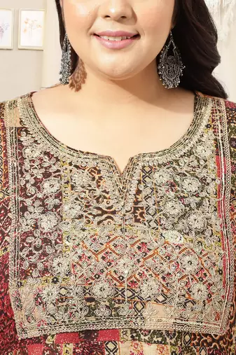 Beige multicolor block print sequins embroidery gotta patti anarkali rayon kurti stiched