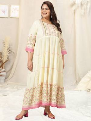 Ivory pink block print zari embroidery flared rayon kurti stiched kurta 1