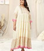 Ivory pink block print zari embroidery flared rayon kurti stiched kurta